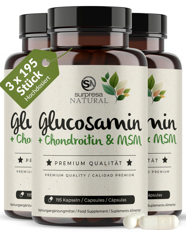 Surpresa Natural Glucosamine Chondroitin &amp; MSM Capsules High Dose I 3 x 195 Capsules I 4500 mg per daily dose I Dietary supplement without additives &amp; laboratory tested I 1 month supply