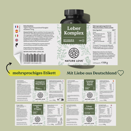 NATURE LOVE® Liver Complex - 120 Capsules - with milk thistle, choline, artichoke extract, turmeric &amp; zinc - High dosage, vegan, laboratory-tested and produced in Germany