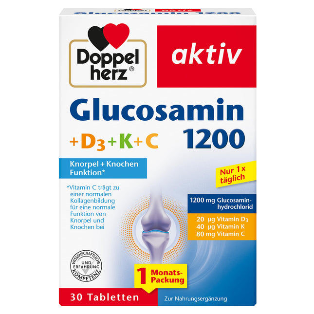 Doppelherz Glucosamine 1200 + D3 + K+ C – With vitamin C to contribute to normal collagen formation for normal cartilage function – 30 tablets