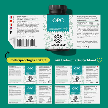 NATURE LOVE® OPC Grape Seed Extract - 180 Capsules - Highly dosed with 800mg extract per daily dose - from French grapes - with natural vitamin C - laboratory-tested, vegan, produced in Germany