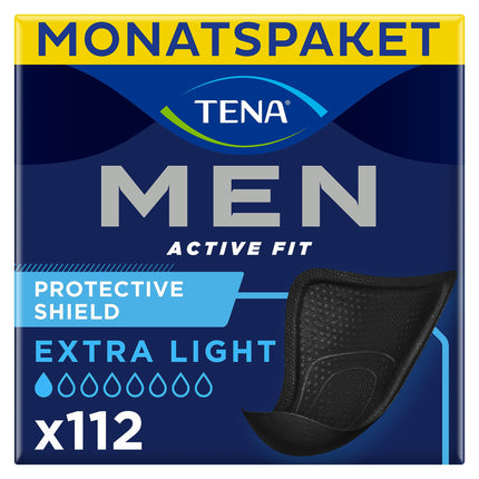 TENA MEN Protective Shield Extra Light - 112 pads in a monthly pack (8 x 14), individually wrapped - extra-thin sanitary pads for men with very light urine loss - Black