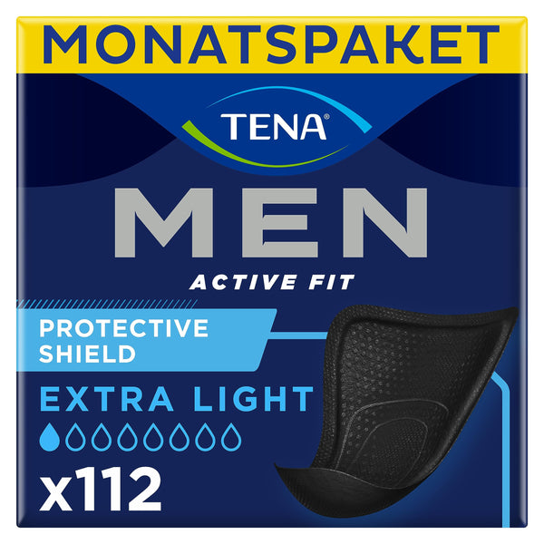 TENA MEN Protective Shield Extra Light - 112 pads in a monthly pack (8 x 14), individually wrapped - extra-thin sanitary pads for men with very light urine loss - Black