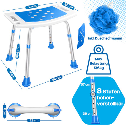 KESSER® Shower Stool, Height-Adjustable | Lightweight Bath Stool with Non-Slip Rubber Feet, Shower Chair, 136KG Load Capacity | Shower Aid for Seniors | Suction Cup Grab Handle, Bathtub Handle | Shower Seat with Shower Holder