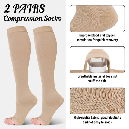 2 pairs of compression stockings for women, 20-30 mmHg compression socks, long compression socks, travel stockings, support stockings for varicose veins, edema, flight, sports, travel, L/XL