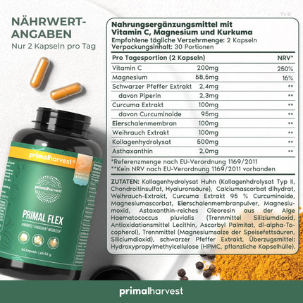 Primal Harvest® Joint Active Plus - 60 high-dose &amp; laboratory-tested capsules with magnesium and vitamin C - hyaluronic acid, collagen