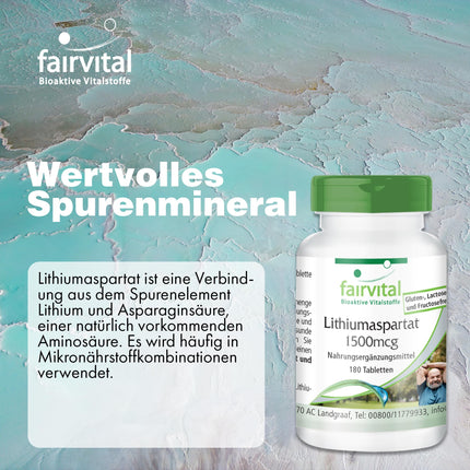 Fairvital | Lithium Aspartate 1500μg - 180 Tablets - Organically bound lithium - Highly bioavailable - Quality-tested and high-dose - 100% vegan - Made in Germany