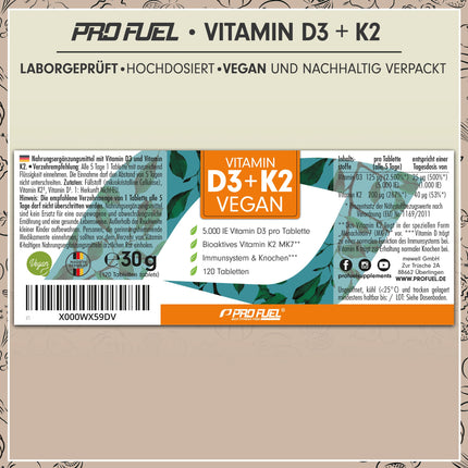 Vitamin D3 K2 VEGAN - 120 tablets with 5000 IU D3 + 200 mcg K2 (MK7) - Vitamin D3 high-dose and vegan - lasts for 19 months - laboratory-tested with certificate - no unwanted additives