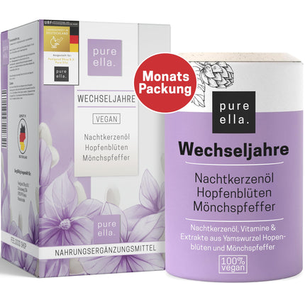 Pure Ella MENOPAUSE - Vital substance complex for women with menopausal symptoms - Contains evening primrose oil, yam root, and chasteberry - Natural, hormone-free, vegan - 60 Menopause Capsules