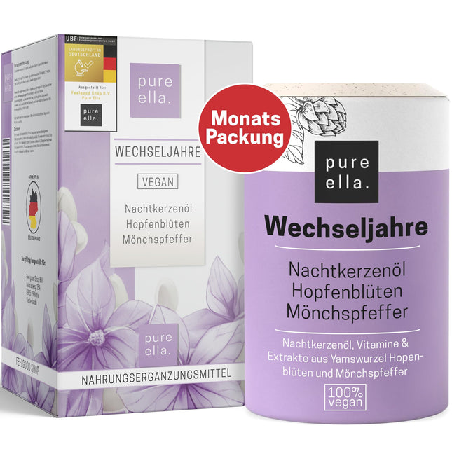 Pure Ella MENOPAUSE - Vital substance complex for women with menopausal symptoms - Contains evening primrose oil, yam root, and chasteberry - Natural, hormone-free, vegan - 60 Menopause Capsules