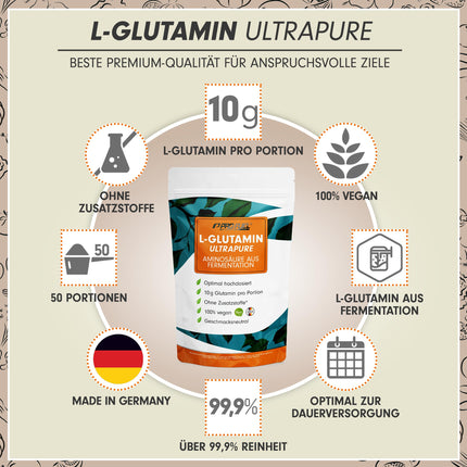L-Glutamine Powder 500g vegan, optimally high dosage &amp; tasteless, L-Glutamine without additives, ultrapure with over 99.9% purity, from fermentation, laboratory-tested, supply for 50 days