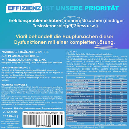 VIARIL - 20 Extra Strength Blue Capsules | For active men with immediate and long-term effects | Highly dosed with 13 active ingredients (1630 mg), including Muira Puama, Ginseng, Maca, and L-Arginine
