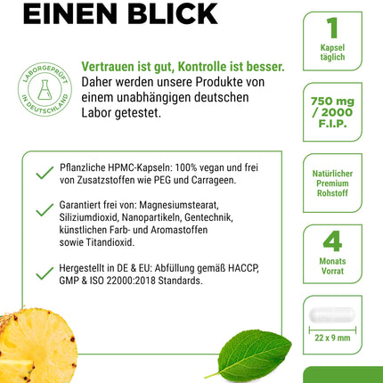 Bromelain Intenso - 750 mg (2000 FIP) - 120 gastro-resistant capsules - Natural pineapple extract - Laboratory tested - Vegan - High dosage