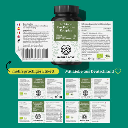 NATURE LOVE® Probiona PLUS - 120 billion CFU per daily dose (high-dose) - 20 bacterial strains + organic inulin - 60 gastro-resistant capsules - vegan, developed in Germany, branded raw material from Italy
