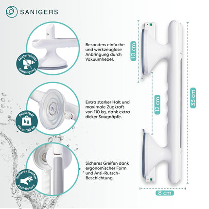 SANIGERS® Grab bar with suction cup - Extra strong hold 110 KG - Grab bar for shower without drilling, grab bars for seniors, bathtub handle without drilling, shower handle with suction cup, suction handle bathroom