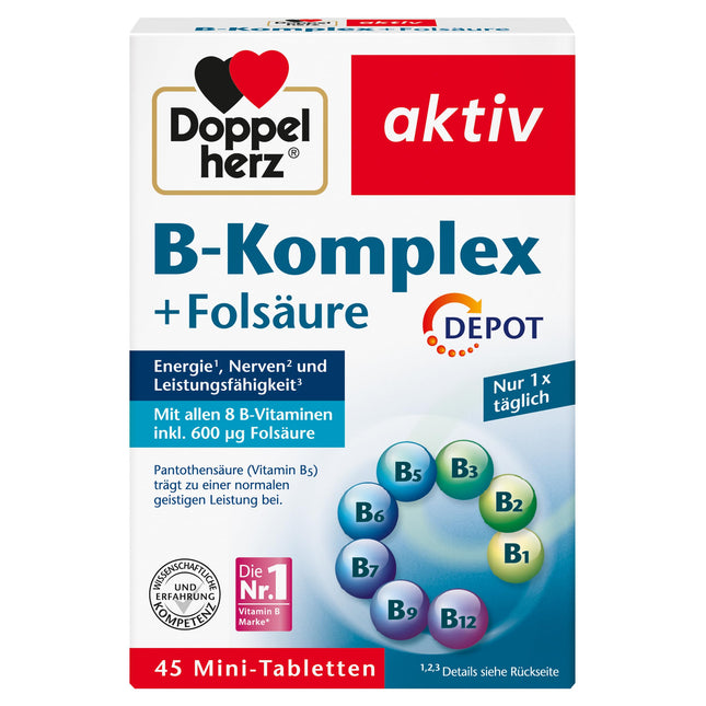 Doppelherz B-Complex DEPOT with folic acid - B vitamins contribute to the normal function of the nervous system and normal energy metabolism - 45 tablets