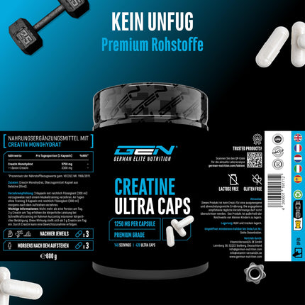 Creatine Ultra Capsules - 420 capsules with 1250 mg of pure creatine monohydrate each - Premium: Ultrafine + mesh factor of 200 - High dosage