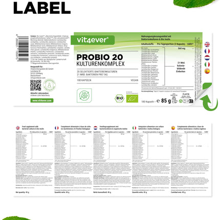 Probio 20 - Culture Complex with 20 bacterial strains + organic inulin - 180 gastro-resistant capsules Bright JC Caps® - 21 billion lactic acid bacteria per daily dose - High dosage - Vegan -