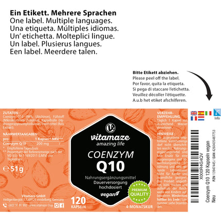 Coenzyme Q10 high-dose, 200 mg per capsule, vegan, 120 capsules for 4 months, 98% ubiquinone with optimal bioavailability, no unnecessary additives, Made in Germany