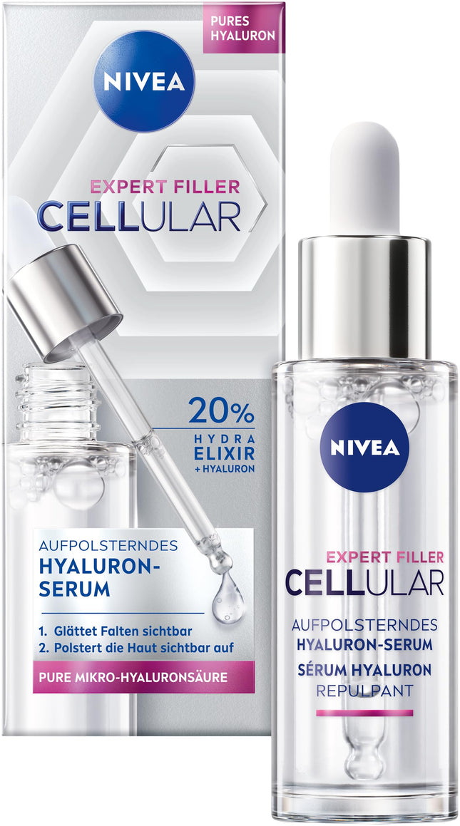 NIVEA Cellular Expert Filler Hyaluron Replumping Serum, light and fast-absorbing hyaluronic serum with Hydra Elixir, anti-aging facial care for smoothed wrinkles (30 ml)