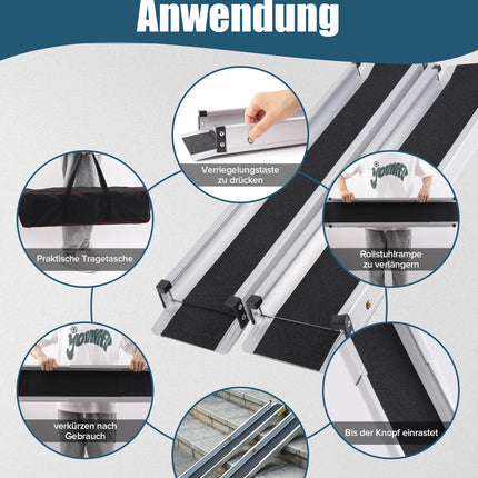 FoundGo 2 pcs. Telescopic Wheelchair Ramp [Max. 300kg 74.5/121cm] Aluminum Ramp Non-Slip Telescopic Ramp Including Carrying Bag for Manual Wheelchair Stairs Bicycle