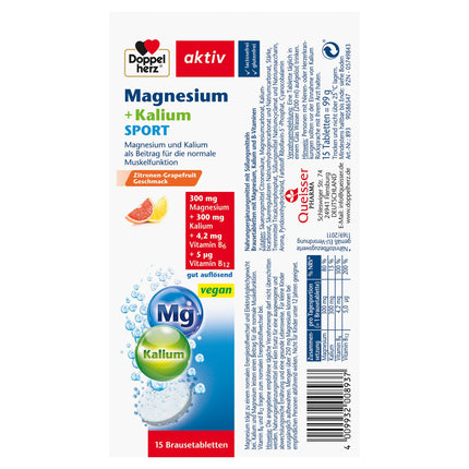 Doppelherz Magnesium + Potassium SPORT - Magnesium and potassium contribute to normal muscle function - vegan - 15 effervescent tablets with lemon-grapefruit flavor