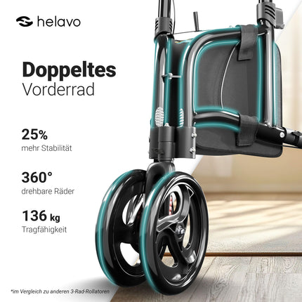 Helavo Rollator 3 wheels only 5.5 kg - Indoor Rollator narrow for home, Rollator easily foldable, Aluminum home rollator with double front wheels