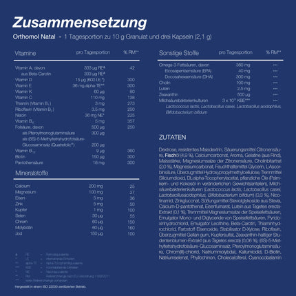 Orthomol Natal - Micronutrients for pregnancy and breastfeeding - with folic acid, other vitamins and zinc - Granules/Capsules, 30 daily portions