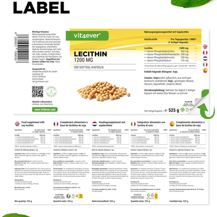 Lecithin 1200 mg - 300 Softgels - Premium: With phosphatides - Non-GMO soy lecithin - High dosage - Premium quality