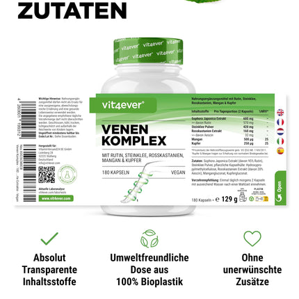 Vein Complex - 180 Capsules - 3 Month Supply - High Dose with Rutin, Sweet Clover, Horse Chestnut Extract, Manganese, Copper - Premium Extracts - Vegan