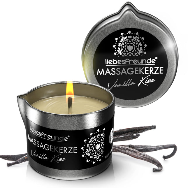 Liebesfreunde® Organic Massage Candle VANILLA KISS for sensual massages with coconut oil and aloe vera, erotic massage candle for couples, sex candle, 50 ml