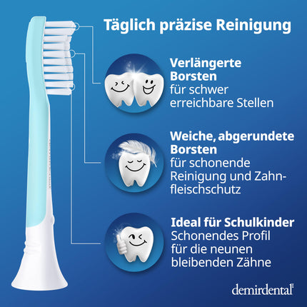 demirdental replacement brushes for kids, suitable for Philips Sonicare replacement brushes Kids, children's sonic toothbrushes, children's replacement brushes from 7 years, corresponds to HX6044, turquoise, set of 8