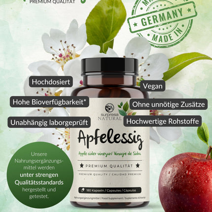Surpresa Natural Apple Cider Vinegar Capsules High Dose I 1 x 180 Capsules I 1000mg Apple Cider Vinegar per Daily Dose I Apple Cider Vinegar Dietary Supplement Vegan &amp; Laboratory Tested I Apple Cider Vinegar