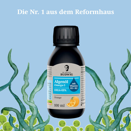 Dr. Johanna Budwig Omega 3 Algae Oil Vegan Orange (100ml) - high dosage, rich in DHA, EPA, vitamin D3 and K2 - liquid algae oil vegan, oil liquid algae oil laboratory-tested