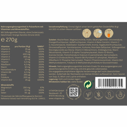 Multivitamin Powder + Magnesium, Zinc &amp; Selenium - Vitamins AZ high dose - Strengthens immune system - High-quality micronutrients - No added sugar - Vegan - Made in Germany - ACE flavor