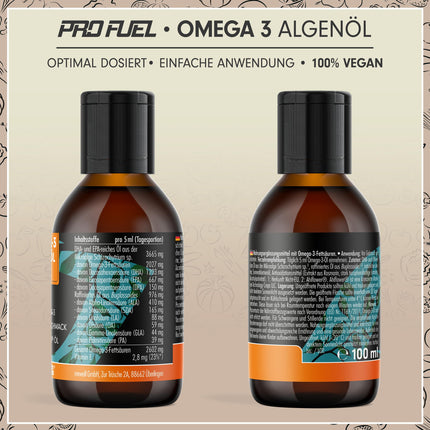 Omega-3 algae oil 100 ml - high dose with 3665 mg algae oil, of which 1203 mg DHA &amp; 667 mg EPA - vegan Omega-3 oil + Ahiflower® oil with a pleasant orange flavor - laboratory-tested with certificate
