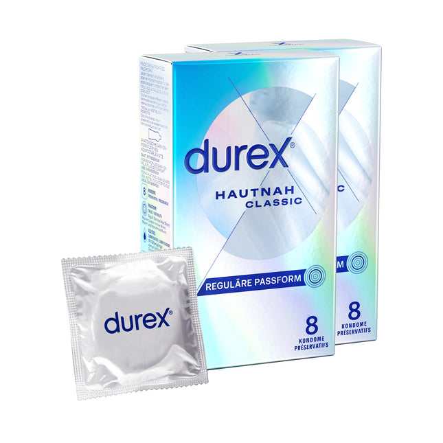 Durex Hautnah Classic Condoms – Ultra thin, with anatomical easy-on shape &amp; lubricated with silicone gel – 16-pack (2 x 8 condoms)