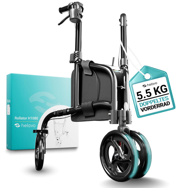 Helavo Rollator 3 wheels only 5.5 kg - Indoor Rollator narrow for home, Rollator easily foldable, Aluminum home rollator with double front wheels