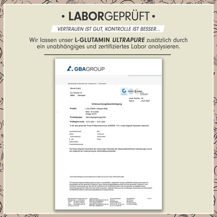 L-Glutamine Powder 500g vegan, optimally high dosage &amp; tasteless, L-Glutamine without additives, ultrapure with over 99.9% purity, from fermentation, laboratory-tested, supply for 50 days