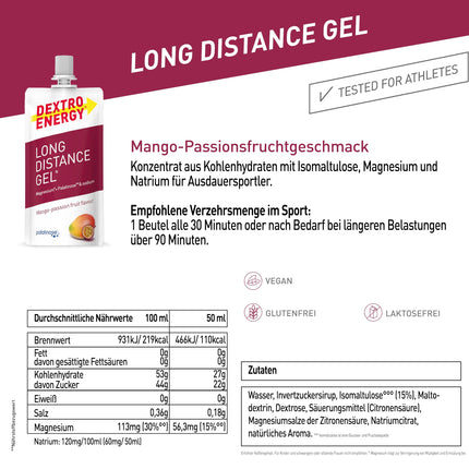 DEXTRO ENERGY LONG DISTANCE GEL MANGO-PASSION FRUIT + MAGNESIUM + SODIUM - 12x50ml (12-pack) - Energy gel for long workouts, carbohydrate concentrate with added electrolytes and Palatinose