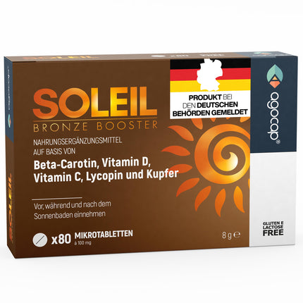 SOLEIL, Tanning Capsules with Beta Carotene for Natural Tan – 2 in 1 Self-Tanner – Effective Sun Protection with High Dose Beta Carotene – with Vitamins C, E, D, Selenium and Copper – 80 Tablets