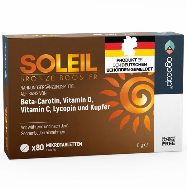 SOLEIL, Tanning Capsules with Beta Carotene for Natural Tan – 2 in 1 Self-Tanner – Effective Sun Protection with High Dose Beta Carotene – with Vitamins C, E, D, Selenium and Copper – 80 Tablets