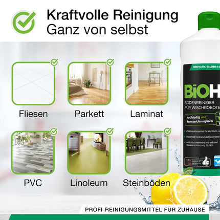 BiOHY floor cleaner for all robot mops with spring scent (1l bottle) + dispenser | Low-foam &amp; streak-free | Cleaning agent concentrate for all floors