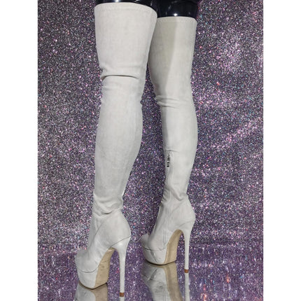 LIUGUISUOCHBH Women's Platform Over-the-Knee Boots. Stretch Suede Stiletto Heel Over-the-Knee Boots for Cosplay Costume Parties, White, 46 EU