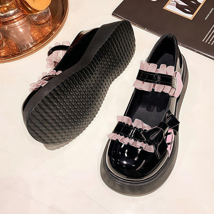 Women Lolita Shoes Heel Mary Jane Lace Pumps with Bow Kawaii Cute Cosplay Wedge Boots Cross Strap Block Heel Sweet Style