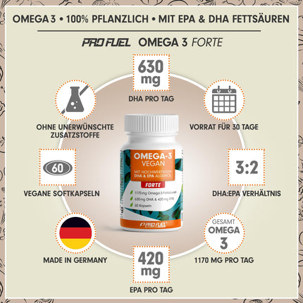 Omega-3 vegan FORTE - 60 capsules - 2000 mg algae oil per day - high dose with 630 mg DHA + 420 mg EPA - vegan Omega-3 algae oil capsules - DHA:EPA ratio 3:2 - laboratory-tested with certificate of analysis