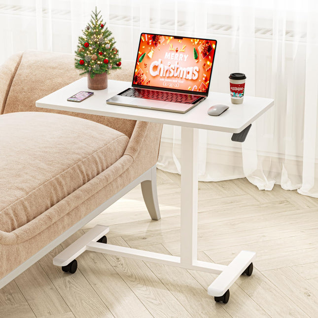 Dripex side table height-adjustable with wheels, nursing table for bed, small wooden computer table overbed table on wheels, sofa table bedside table for living room, bedroom, white