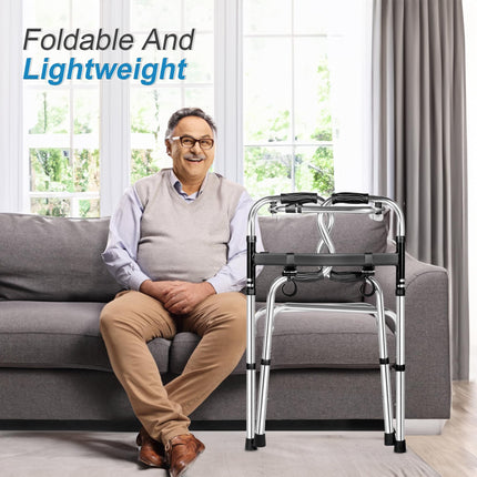 REAQER Walking Frame for Seniors Stable, Foldable Walking Aid with Removable Wheels and Seat, 2 Hooks