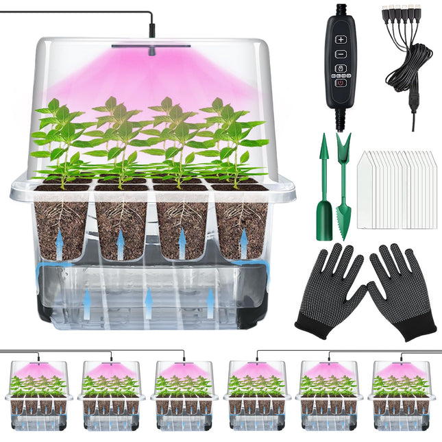 VEEKAY Indoor Greenhouse Propagator, Self-Watering Mini Greenhouse Propagation Set, 6 Pieces 72 Hole Greenhouse Propagation Tray, Seedling Starter Trays with Lid Ventilation for Seedling Plant
