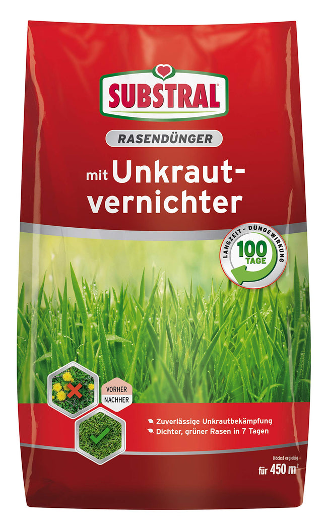 Substral lawn fertilizer with weed killer, 2-in-1: weed killer + fertilization, 100 days long-term effect, 450 m², 9 kg