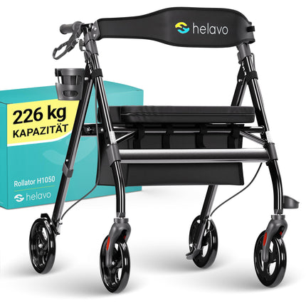 HELAVO extra-wide rollator with large, height-adjustable seat - Foldable heavy-duty rollator made of aluminum - Load capacity up to 226 kg